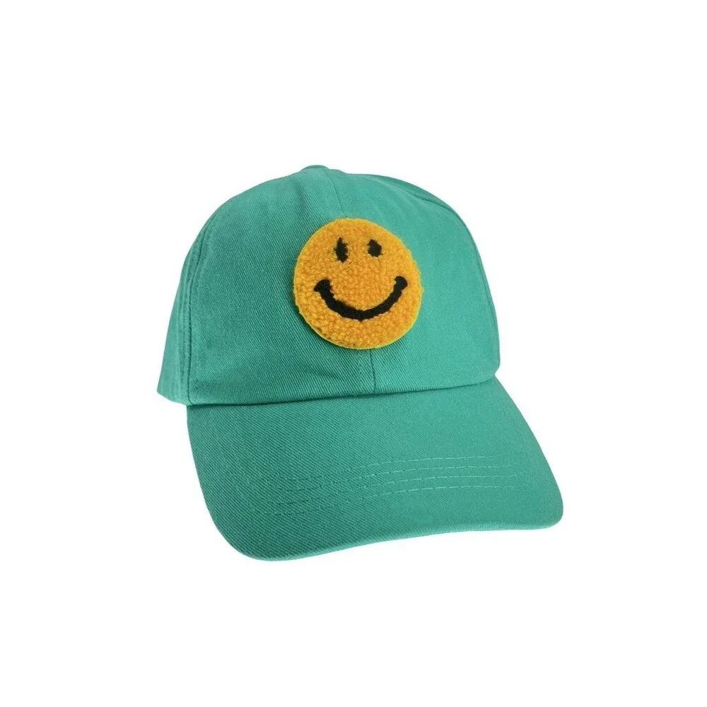 Smiley Face Hat Teal Green Chenille Patch Adjustable Baseball Cap Happy Y2K